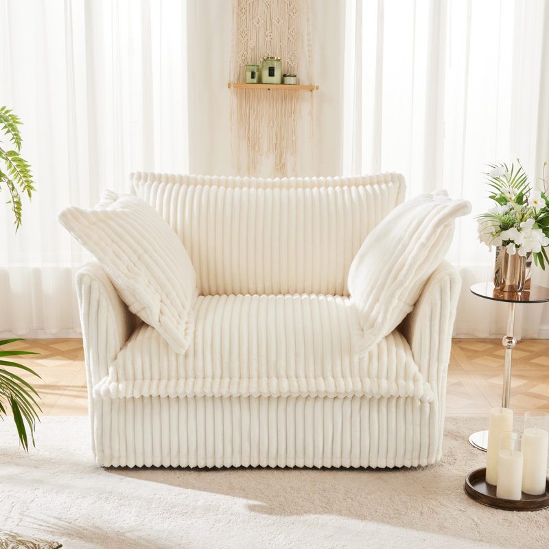 Fauteuil à housse avec 1 grand coussin de dossier et 2 coussins décoratifs, Velours côtelé blanc