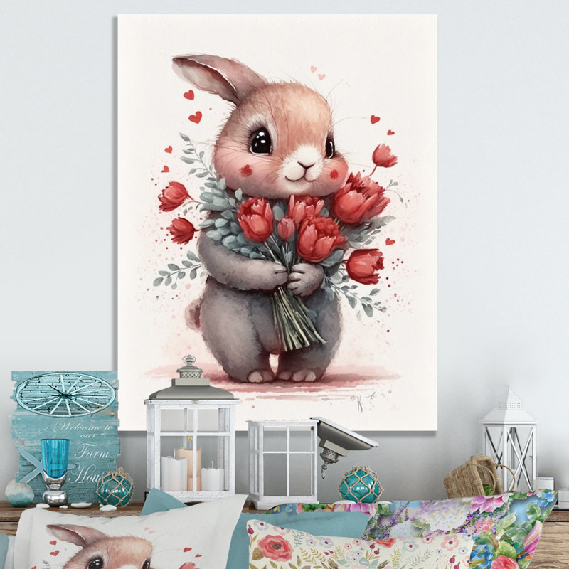 «Bunny Love Holding Flowers I», reproduction sur toile, L 16 po x H 32 po, Toile tendue