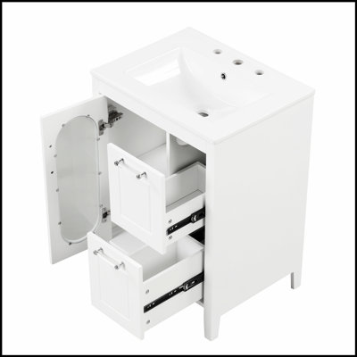 Meuble-lavabo de 24 pouces avec lavabo, deux tiroirs, porte et tablette réglable, fabrication en bois massif et panneau de fibres à densité moyenne