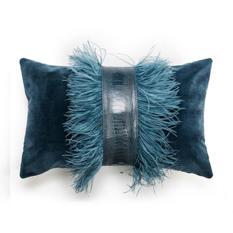 Velvet Lumbar Pillow w/ Feather Trim, Teal