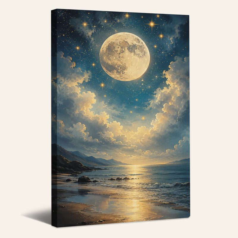 Art mural sur toile Glow Full Moon Over Golden Clouds and Ocean, H 24 po x l 18 po