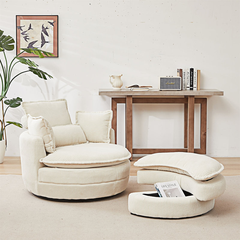 Fauteuil pivotant moderne surdimensionné avec repose-pieds avec rangement lune, Beige