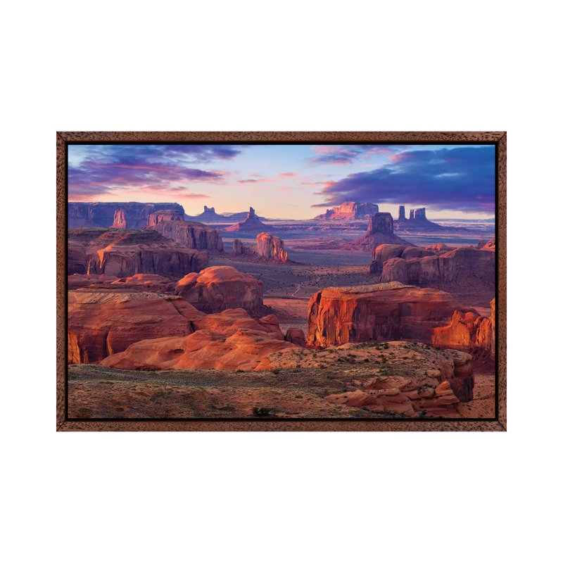 Hunts Mesa Monument Valley Sunset by Susanne Kremer - Print on Canvas, Classic Brown Wood Floater Framed