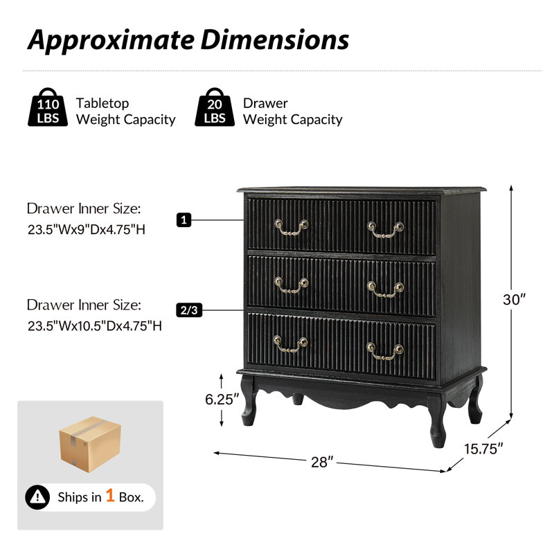 Kaybri Transitional 28"W 3-Drawer Solid Wood Fluted Chest with Built-In Power Outlet and Simple Assembly, Charcoal
