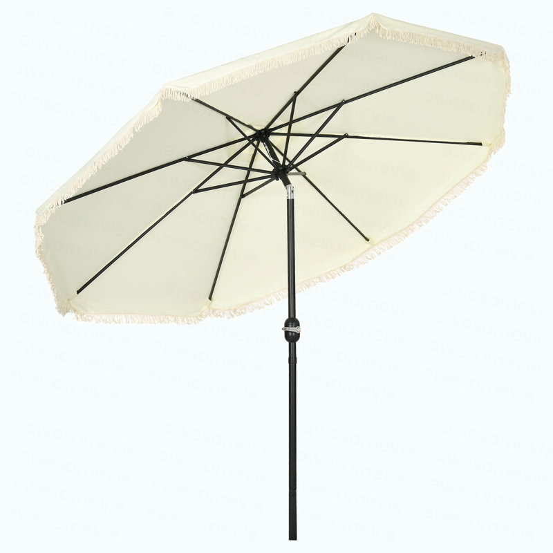 Outsunny 9Ft Patio Umbrella With Push Button Tilt And Crank, Ruffled Outdoor Market Table Umbrella With Tassles And 8 Ribs, For Garden, Deck, Pool, Cream White