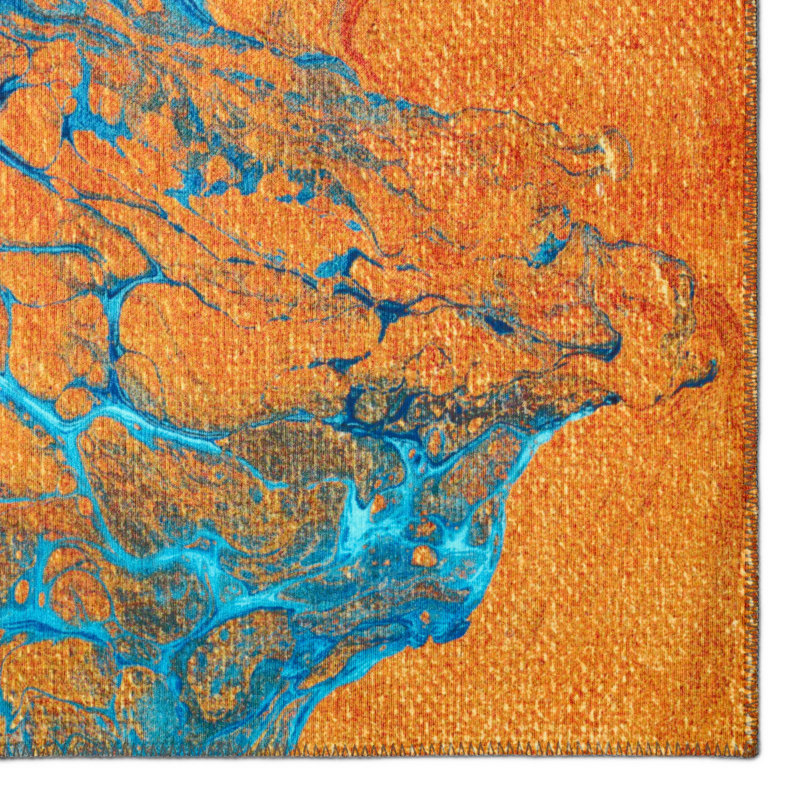 Tapis bleu / orange abstrait tissé à la machine, Rectangle 5 pi x 7 pi 6 po