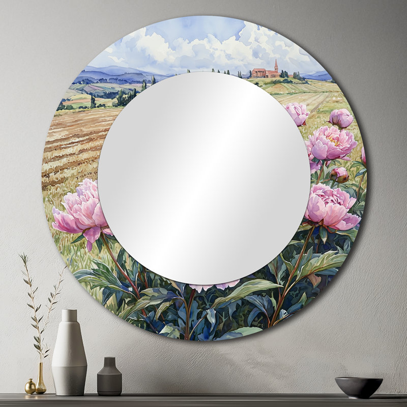 Pivoines par le champ de récoltes I - miroir traditionnel pour décoration murale - imprimé sur métal, 36 po x 36 po