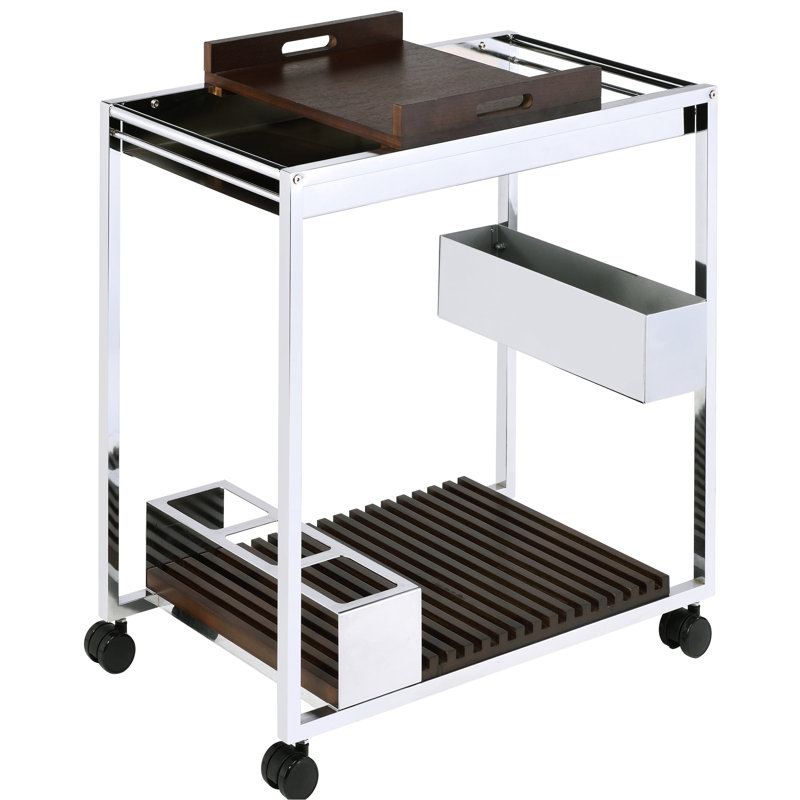Chariot de service de couleur brune - 2 compartiments pour ranger les plats de service, plateau en bois amovible, support pour bouteilles de vin, tablettes ouvertes, étagères de salle à manger