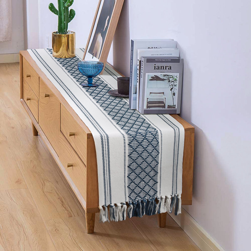 Gray and Off-White Cotton Boho Table Runner with Tassels