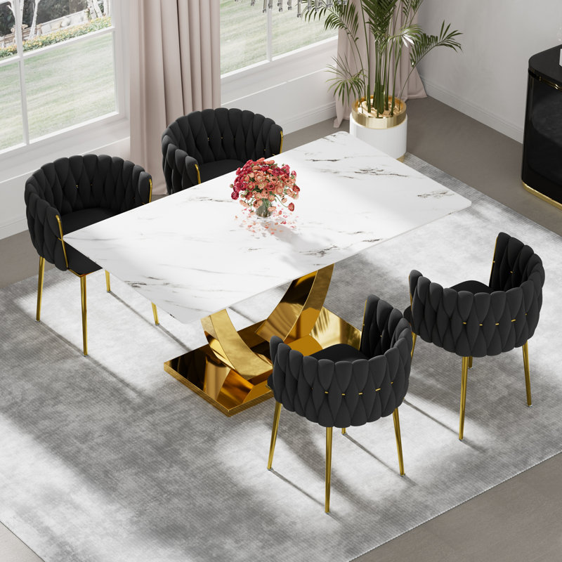 Ensemble de salle à manger rectangulaire à piédestal avec chaise tissée, Noir