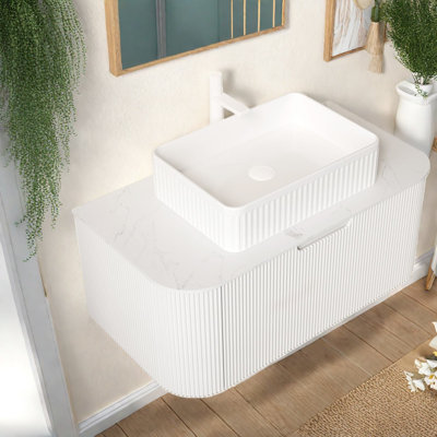 Meubles-lavabos suspendus modernes de 91 cm (comprend le meuble et le lavabo) avec lavabo en céramique