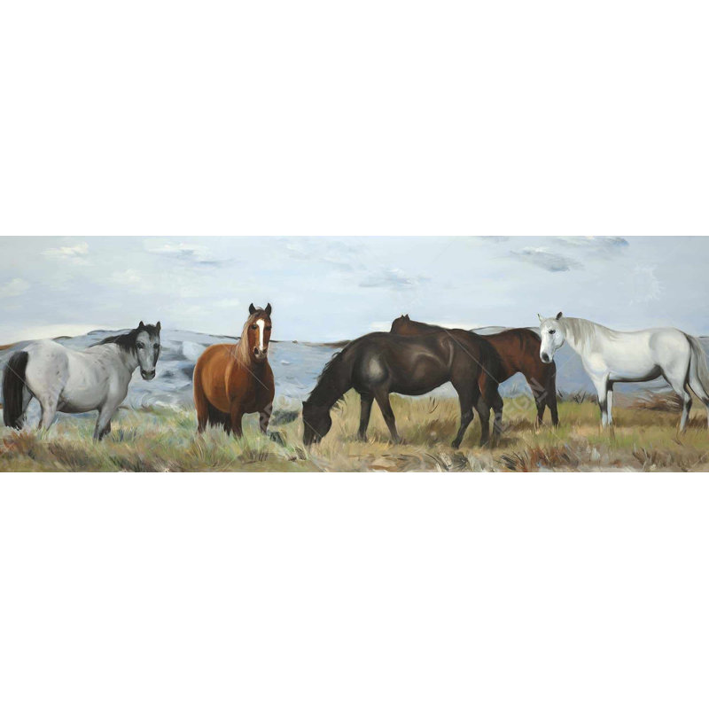 Chevaux mangeant dans la prairie - Décoration sur toile encadrée bleu rustique