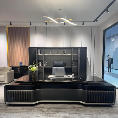 110.24"Modern Luxury Office Desk with Side Cabinet and Fingerprint Lock