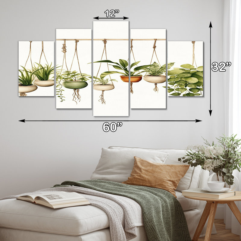 «Hanging Houseplants Boho Botanical Watercolor», reproduction d'art abstrait botanique, 5 panneaux
