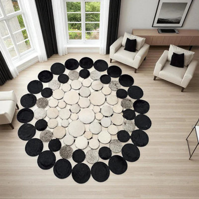 Texas Star Cowhide Patchwork Round Rug With Leather Lacing For Rustic Western Home Accent & Durable Floor Statement