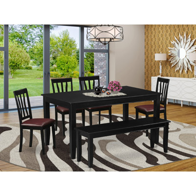 6 Piece Kitchen Table & Chairs Set Contains a Rectangle Dining Table and 4 Faux Leather Dining Room Chairs with a Bench, 36x60 Inch, Black