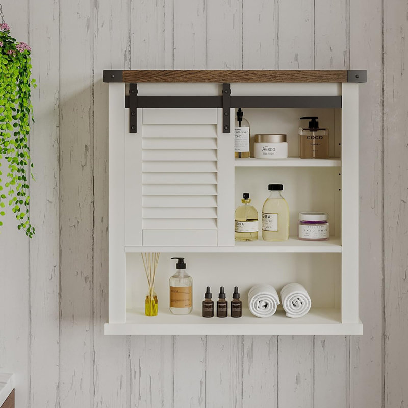 Armoires à pharmacie pour salle de bain avec porte de grange coulissante, Blanc / Blanc