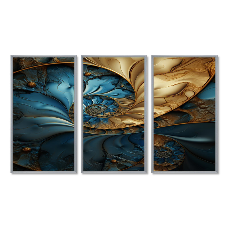 «Warm Gold Deep Ocean Fractal», ensemble de reproductions d'art mural, H 28 po x l 36 po x P 1 po, Encadrement argenté