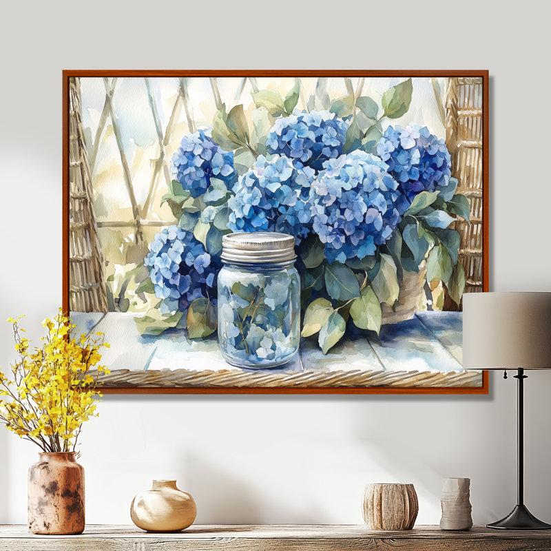 Doris hortensias et eucalyptus II - hydrangées, art mural, H 30 po x l 40 po, Brun, Floater Framed