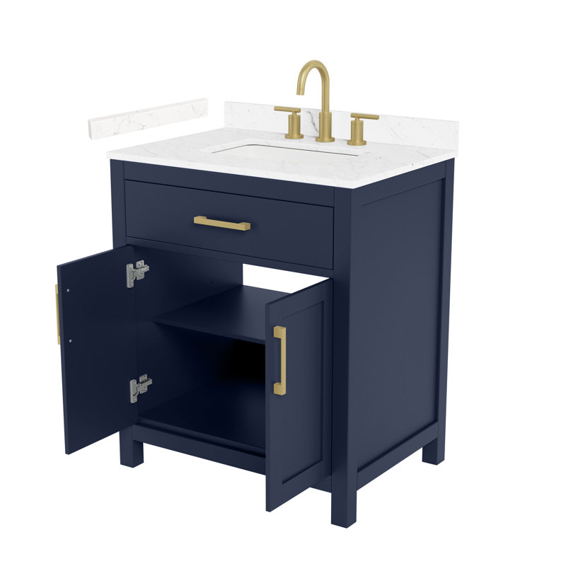 Meuble-lavabo simple de 30 po Beckett en bleu foncé, comptoir en marbre de culture de Carrare, lavabo carré encastré (3 trous), garniture or brossé
