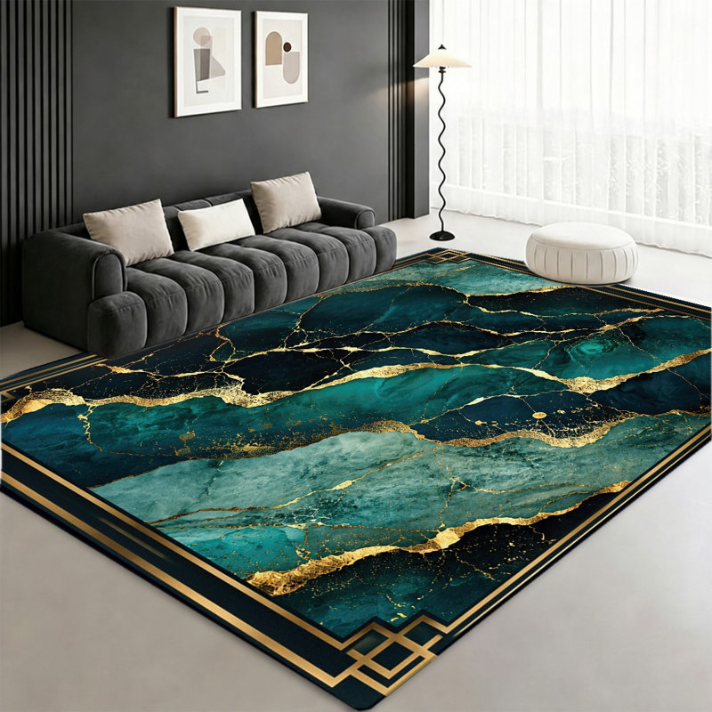 Tapis d'intérieur luxueux en velours artistique effet marbre veiné or émeraude, dos antidérapant, tapis décoratif, élégant élément de décoration pour le salon, la chambre à coucher, l'entrée, la cuisine ou le balcon.