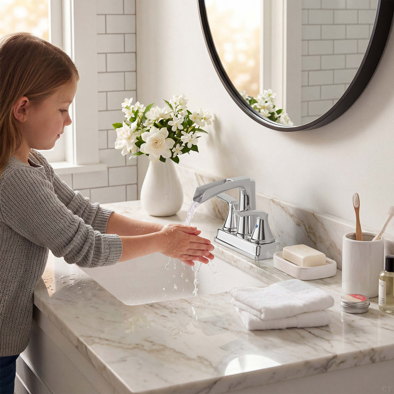 Bathroom Faucet - 4 Inch Centerset Waterfall Faucet With 2 Handles, 360 Degree Swivel Spout, 3 Hole Sink, Pop Up Drain