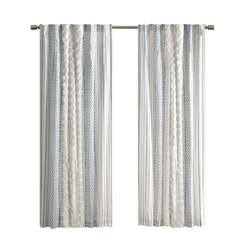 Panneau de rideau en coton avec rayures et doublure en chenille 50 x 108 po, bleu-blanc