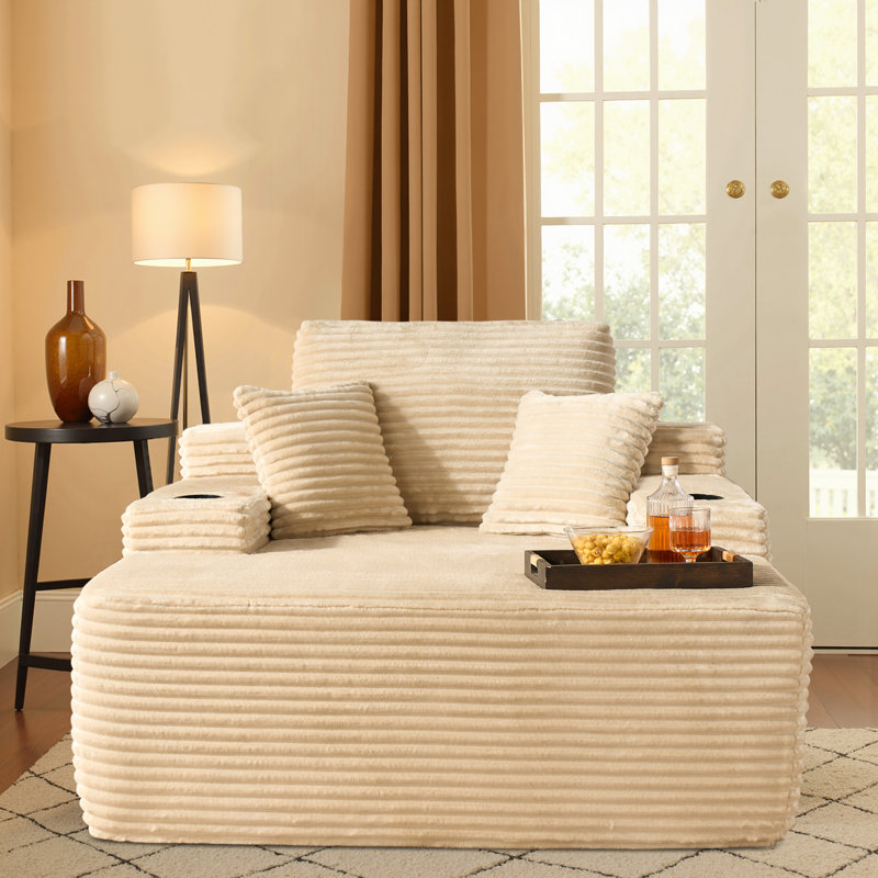 48.42'' Wide Oversized Upholstered Chaise Lounge Chair With Armrests, Pillows, And Cup Holder – No Assembly Required