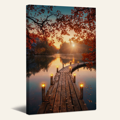Toile en bois avec lumières lumineuses au coucher de soleil d'automne, art mural