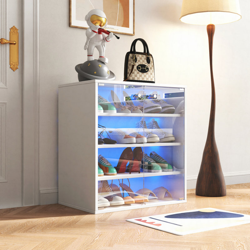 Shoe Box with RGB LED Light, Wooden Stackable Shoe Storage Box with Glass Door, Shoe Storage Bin Shoe Display Case for Sneakers (4 Tier-1)