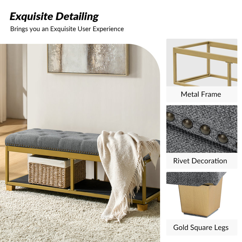 Lauris 43.75'' W Modern Storage Bench with Removable Cover and Nailhead Trim, Gray