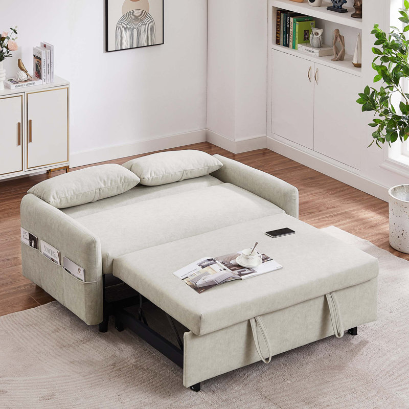 Pull-Out 2-Seater Sofa Bed With Adjustable Backrest And Multiple Convenient Features, Beige