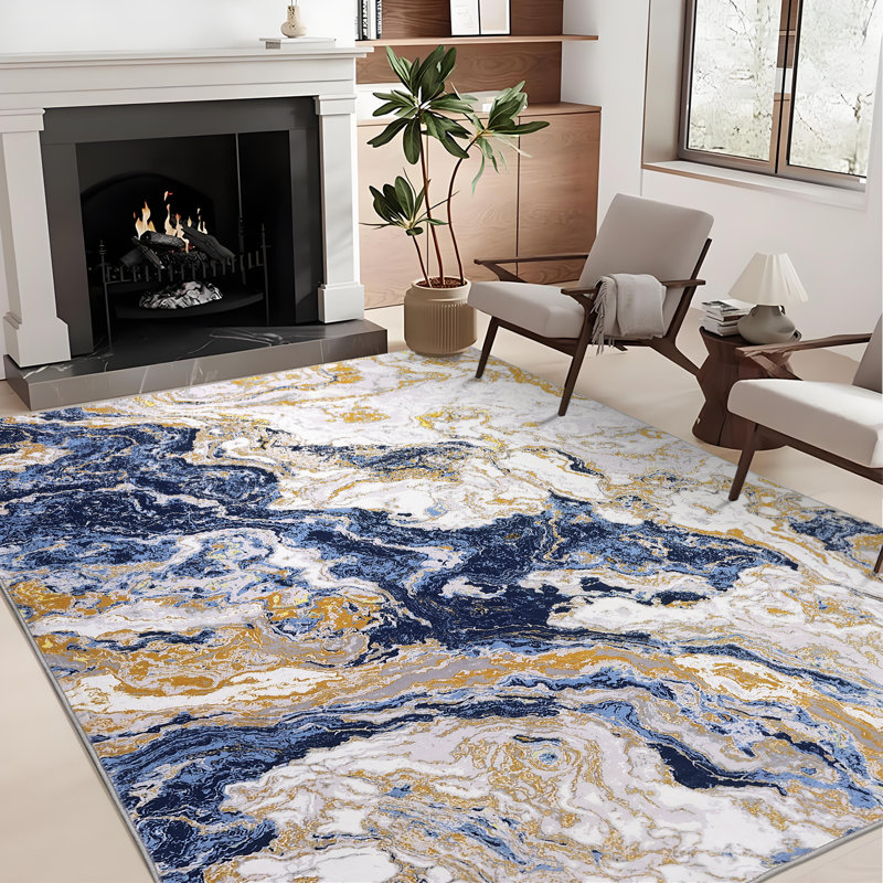 10x13 Large Blue Area Rug, Abstract Marble Accent Rug, Soft Luxury Carpet for High Traffic Areas, Washable Rugs for Living Room, Non Slip Home Decor Kitchen Rug