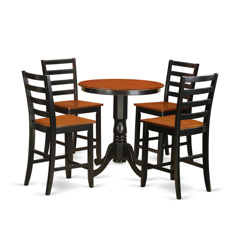 Ensemble de table de salle à manger 5 pièces à hauteur de comptoir comprenant une table de cuisine ronde avec piédestal et 4 chaises, noir et cerise