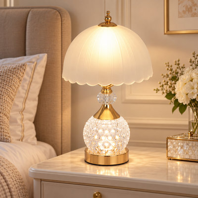8 Inch Gold Crystal Glass Glam Modern Bedside Table Lamp with White Scalloped Shade for Cozy Ambient Lighting