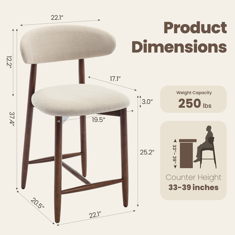 Tabouret de bar rembourré à hauteur de comptoir avec pieds en bois massif, 2, Beige