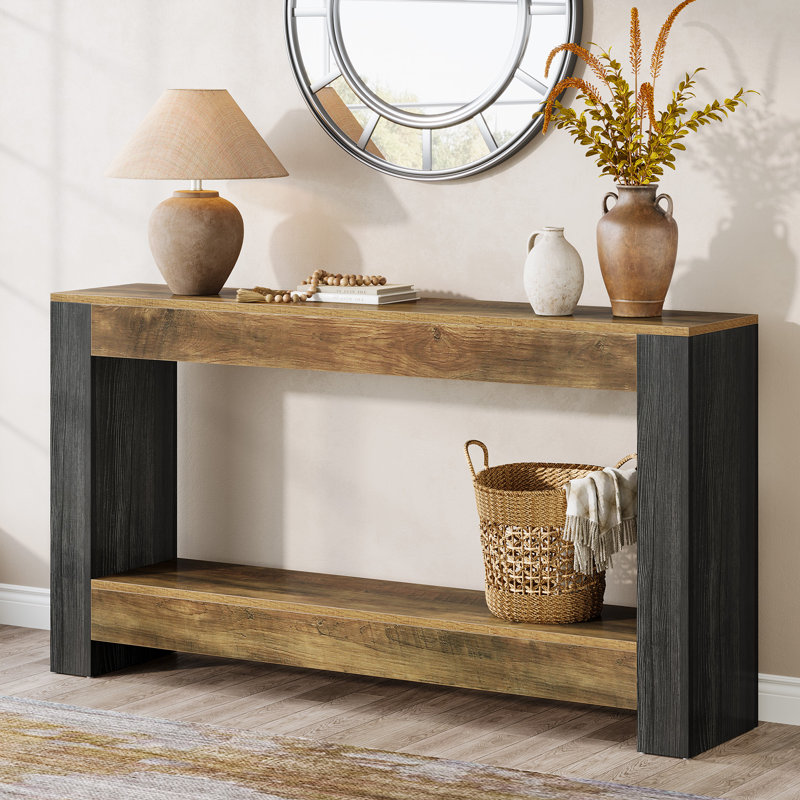 Farmhouse Wood Console Table with Floor Shelf