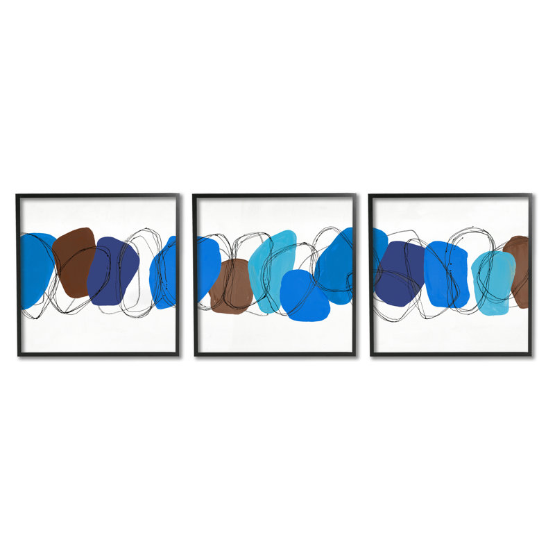 «Modern Modern Oblong Blue Shapes Geometric Abstract Scribble» par Ruth Fromstein - ensemble de 3 impressions sur toile