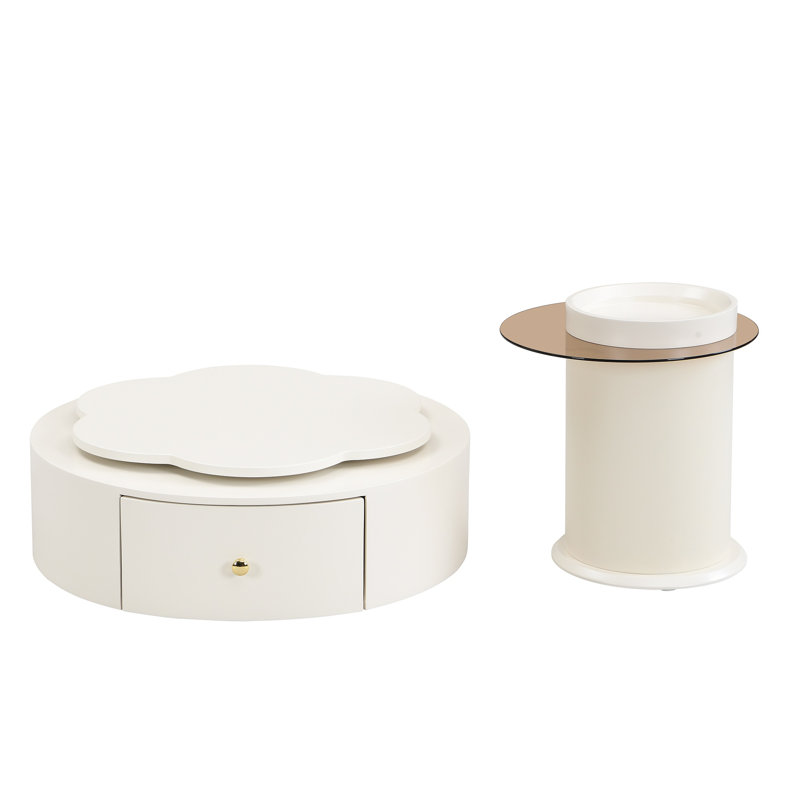 Modern Round Coffee Table Set Of 2 , 360-Degree Rotatable Flower-Shaped Top With 2 Drawers, Top Circle Side Table End Table With Glass For Living Room