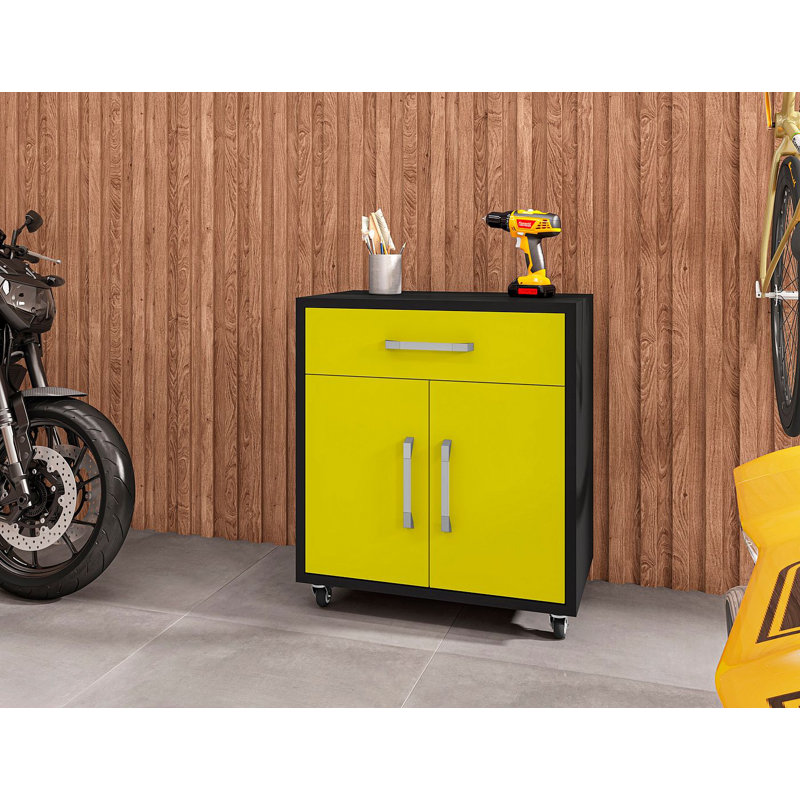 Eiffel 34.41" H x 28.35" W x 17.72" D Modern Mobile Garage Storage Cabinet with Drawer and Removable Shelves in Yellow