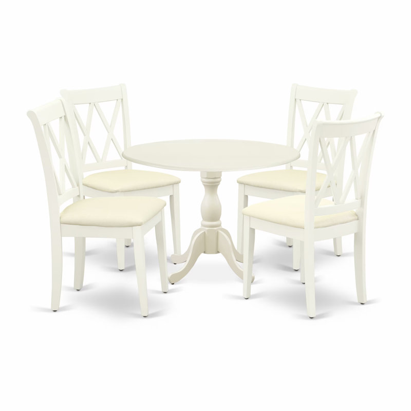 5 Piece Dinette Set for 4 Includes a Round Dining Room Table with Dropleaf and 4 Linen Fabric Dining Chairs, Linen White