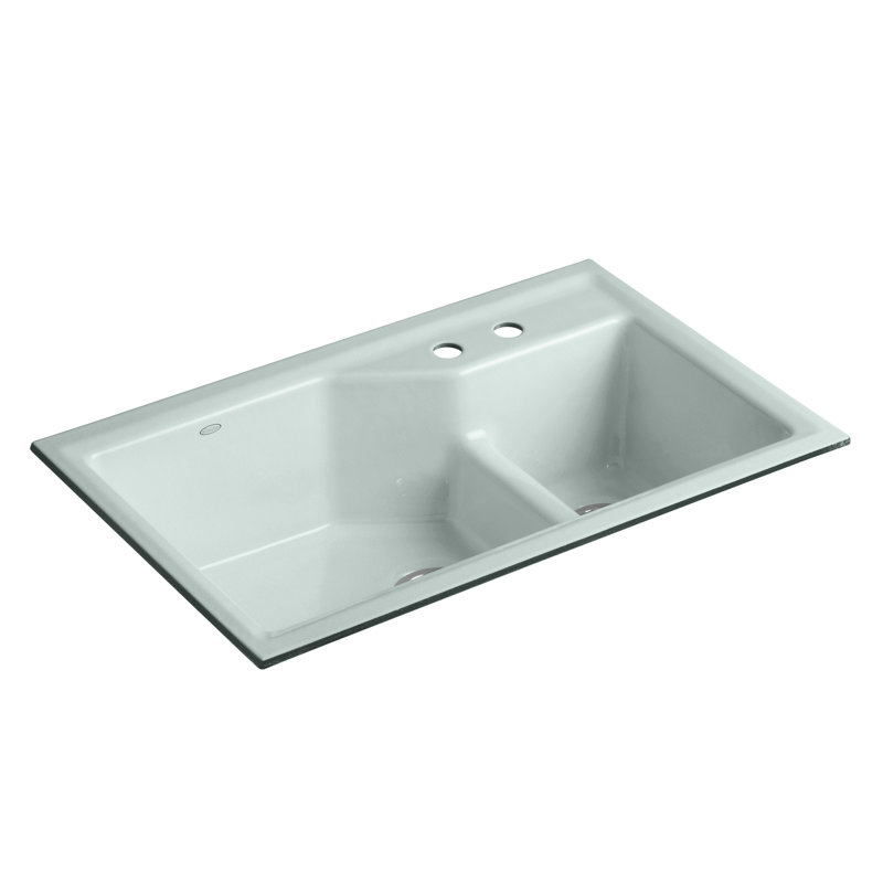 Indio® 33" L x 21.125" W Double Basin Undermount Kitchen Sink with Accessories, 2 hole, Ice Gray
