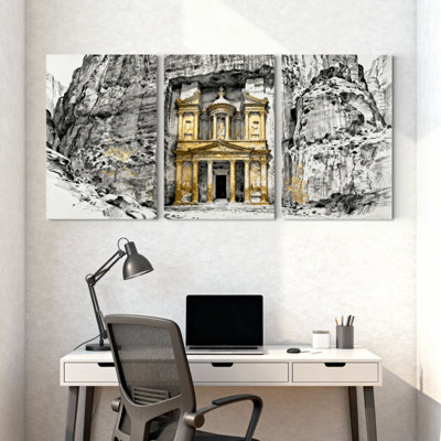 landmark building Petra Temple Architecture Reflection Mountain Landscape Art Print Set of 3 Canvas Wall Art Prints