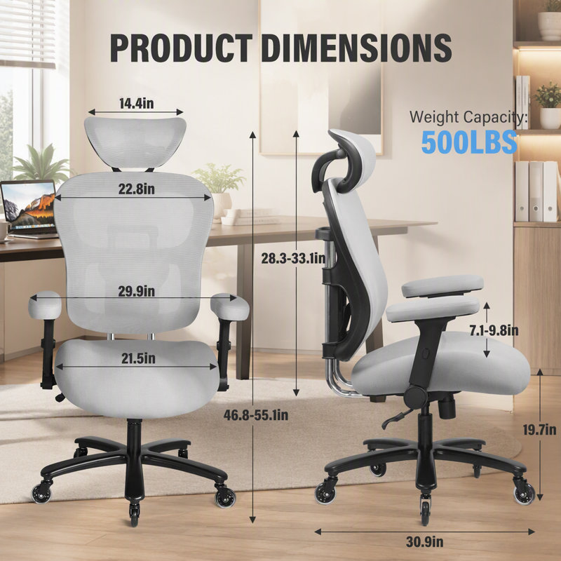 Chaise de bureau 500LBS grande et haute en maille respirante, chaise de jeu avec hauteur de dossier réglable et angle d'appui-tête et siège lombaire adaptatif, chaise de bureau d'ordinateur de direction avec accoudoirs relevables en deux dimensions, gris.