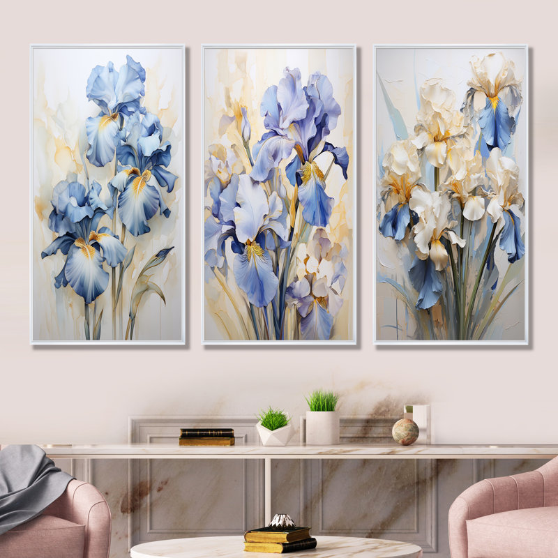Minimalisme Irises Melody - Ensemble de salon mural 3 pièces Irises, Cadre flottant blanc, H 28 po x l 36 po