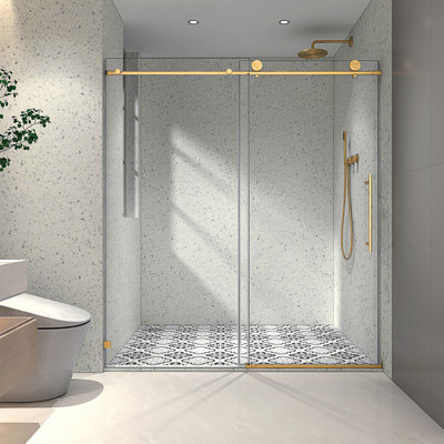 60*76 Frameless Shower Door With Brushed Gold Finish, Soft-Closing Pulleys, And Easy-Clean Nano Coating