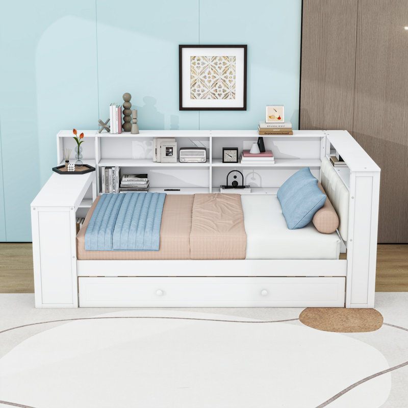 Versatile Daybed with Upholstered Headboard, Trundle, Built-in Desk and LED Lighting, Full, White Beige