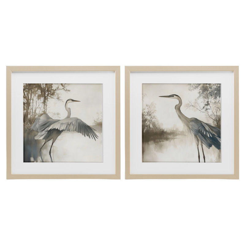 Heron Feathers Over Water, ensemble de 2 reproductions encadrées sous verre encadrées, design par Mona Grace