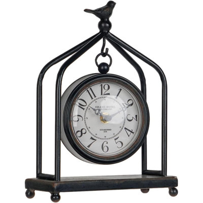 Horloge de foyer en fer forgé, cadre tour, ornement oiseau créatif, horloge de table silencieuse avec couvercle arrière ajouré, noire, 19 x 25 cm.