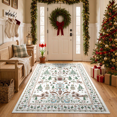 Tapis de Noël, motif hivernal festif, lavable et antidérapant, idéal pour le salon, la chambre à coucher, l'entrée et la salle à manger.